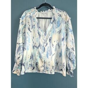 Koko Mason Blouse Womens S Satin V Neck Ruffles Button Watercolor